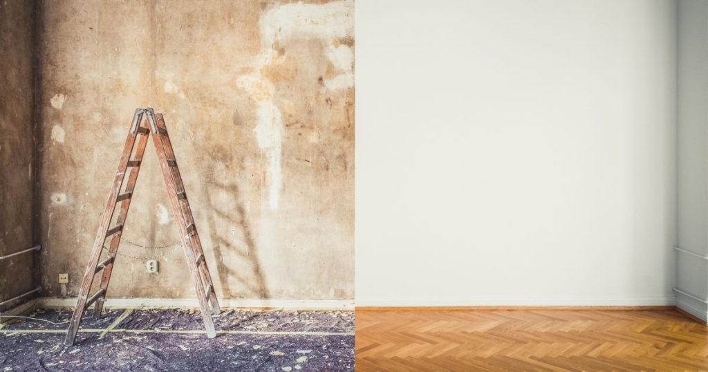 Interior home restoration comparison after disaster
